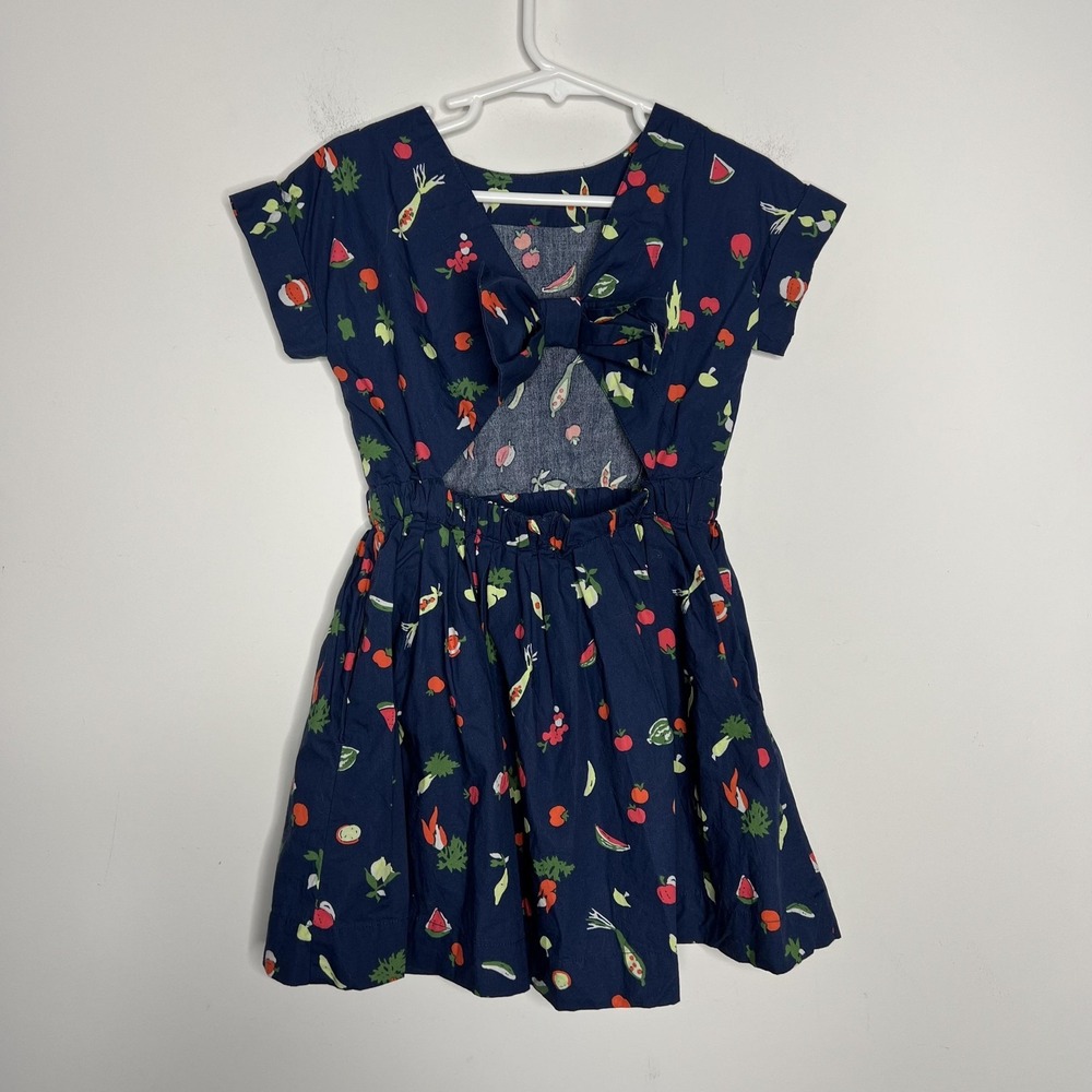 Crewcuts Dress Girls 4 Blue Fruit Veggie Print Cutout‎ Bow Cotton Fit & Flare